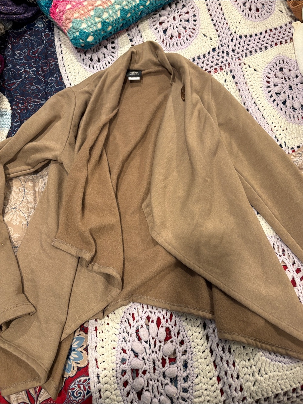 Open-Front Draped Cardigan Sweater in Tan